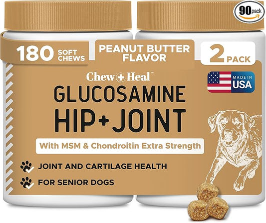Dog Glucosamine Chews, 180 Count - Hip and Joint Supplement for Dogs - MSM, Chondroitin for Joint and Cartilage Health – Puppies, Seniors, Small, Large Breeds, Peanut Butter Flavor (2 Packs of 90)