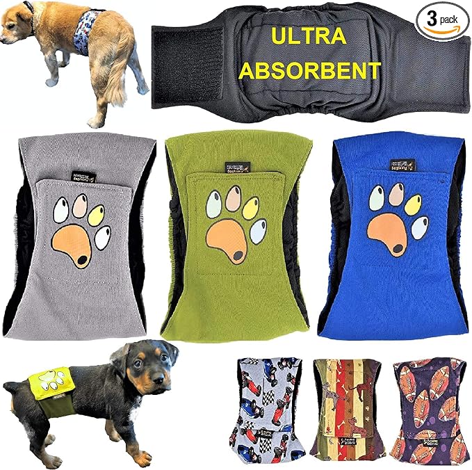 Pack of 3 Male Dog Diapers 4 - Layers of Absorbent Pads Waterproof Leak Proof Belly Band Wrap Washable (S: Waist 10" - 12", Solid with Paw)