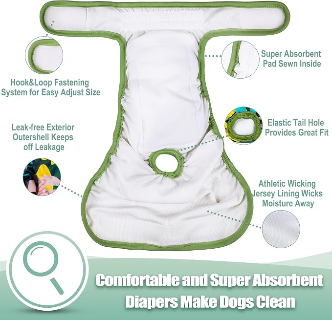 wegreeco Female Dog Diapers, Washable Reusable Pet Puppy Doggie Diapers for Small Medium Large Female Dogs in Heat Period, Doggy Period Panties, 5 Pack, Large, Leaf