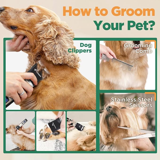 Gimars Cordless 4 Speed 7000rpm Dog Clippers with 6 in 1 4CR Stainless Steel Dog Grooming Scissors Kits, Low Noise 55db Rechargeable Pet Hair Thick Coat Trimmer Cat Shaver Clippers Kit for Cat Pet