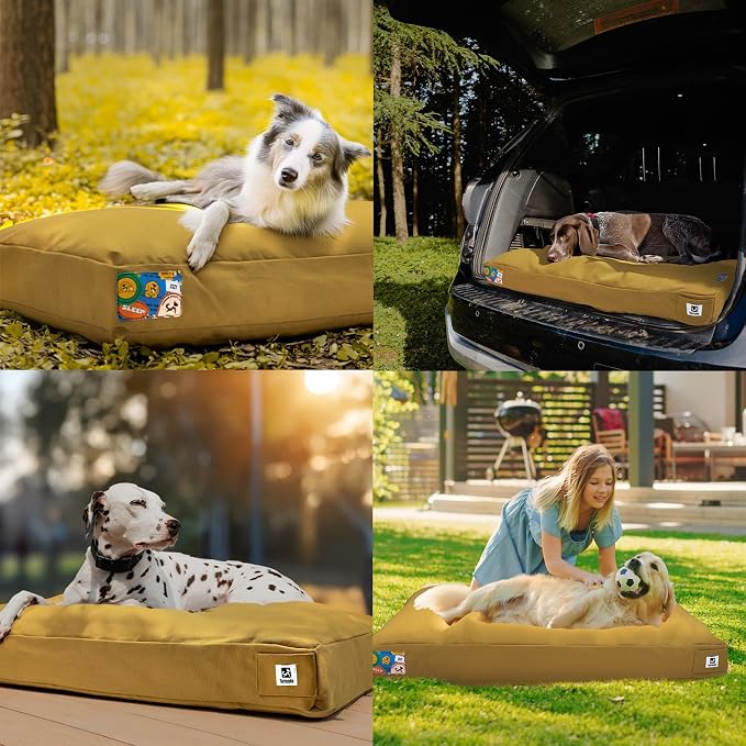 Sytopia 42 Inch Waterproof Indestructible Dog Bed for Extra Large Dogs, Canvas Outdoor Chew Proof Dog Crate Mat with Washable Removable Cover, Indoor Outdoor Patio Pet Pad, Yellow