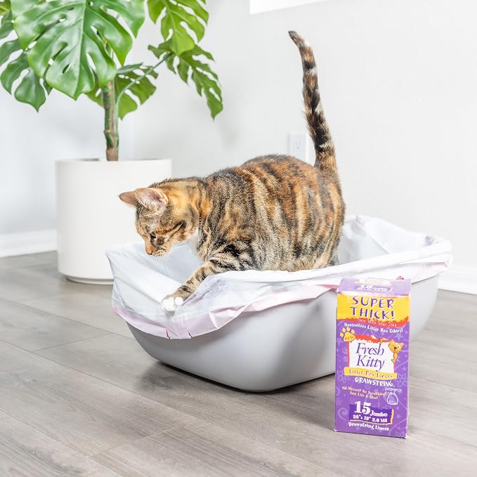 15 Count Fresh Kitty Litter Box Liners Super Thick, Durable, Easy Clean Up Jumbo Drawstring Scented Litter Pan Box Liners, Bags for Pet Cats (Pack of 3)