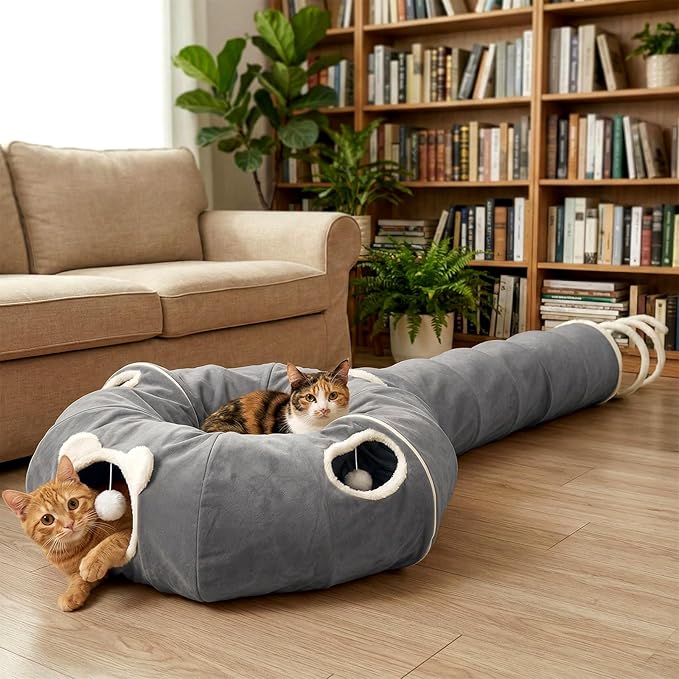 Ownpets 2-in-1 Cat Tunnel, Large Lollipop Shape Cat Tunnel Toy with Fluffy Balls, Spiral Toy, Plush Collapsible Cat Cave Hideout Donut Tunnel for Multi Kitten Puppy Rabbit (Grey)