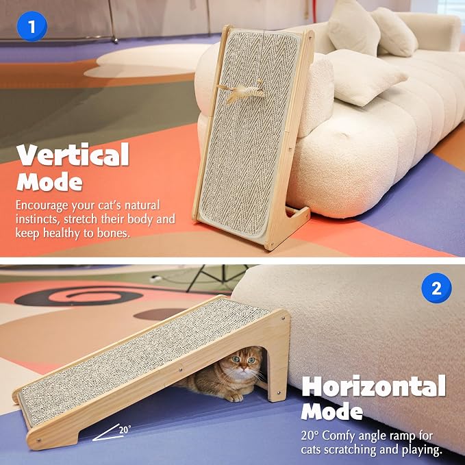 PETKARAY Cat Scratcher, Sisal Cat Scratching Ramp, L Shape Scratch Board for Indoor Kitty, 27" Wall Furniture Protector with Mouse Toy, Chevron