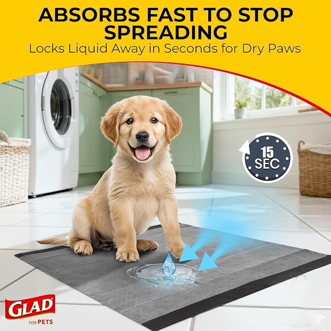 Glad for Pets Black Charcoal Puppy Pads - 6-Layer Leak-Proof Construction, Activated Carbon Odor Control, Pheromone Attractant - Disposable Dog Pee Pads for Potty Training, 23 x 23 in, 100 Count