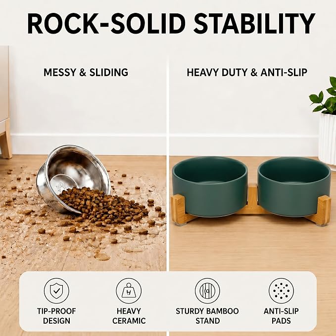 SPUNKYJUNKY Ceramic Dog and Cat Bowl with Wood Stand Non-Slip Matte Glaze Weighted Food Water Set for Cat Medium Dog 28.7 OZ
