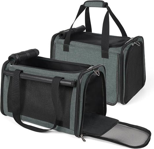 YUDODO 2 Packs 25 lbs Lightproof Soft Sided Pet Carrier for Large Cat & Small Dog Airline Approved Travel Bag Puppy Carriers with Side Pockets & Reflective Mesh, Foldable Portable for Car 2 Grey Green