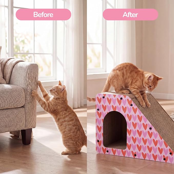 Kento 23.63" Modern Cardboard Cat Cave Scratcher with Catnip, Angled Trapezoid Hideaway House and Scratching Lounge for Indoor Cats, Heart Pattern CSR1008C