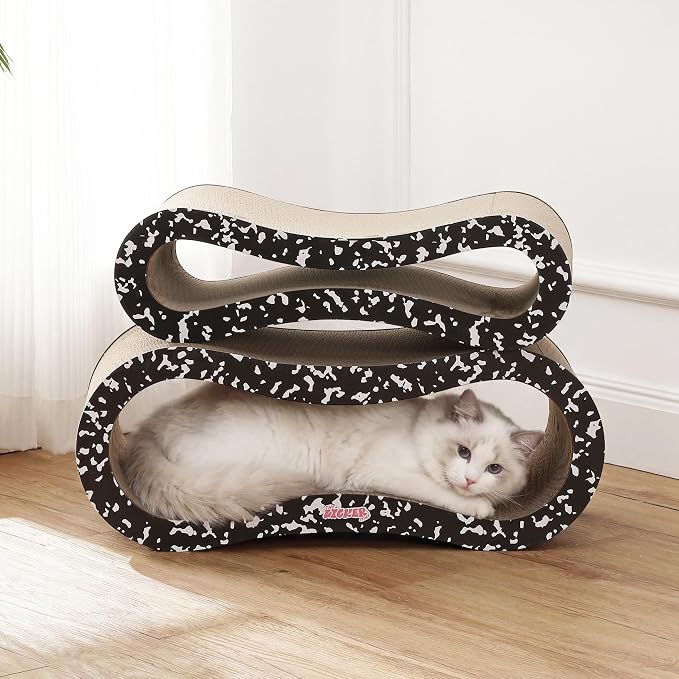 Suvi 26" Modern Cardboard Infinity 2-in-1 Lounge Bed Cat Scratcher with Catnip, Black and White Composition Notebook, Corrugated Scratching Surface and Tunnel for Indoor Cats CSR1014G