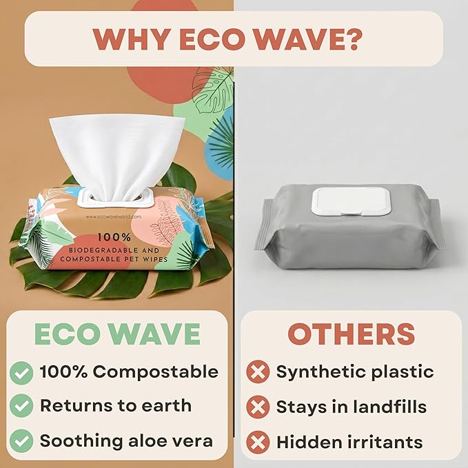 Eco Wave Hypoallergenic Plant-Based Pet Wipes, Dog and Cat Grooming Wipes for Face, Ears, Body, Butt, and Paws, Fragrance Free, Compostable, 100 Count