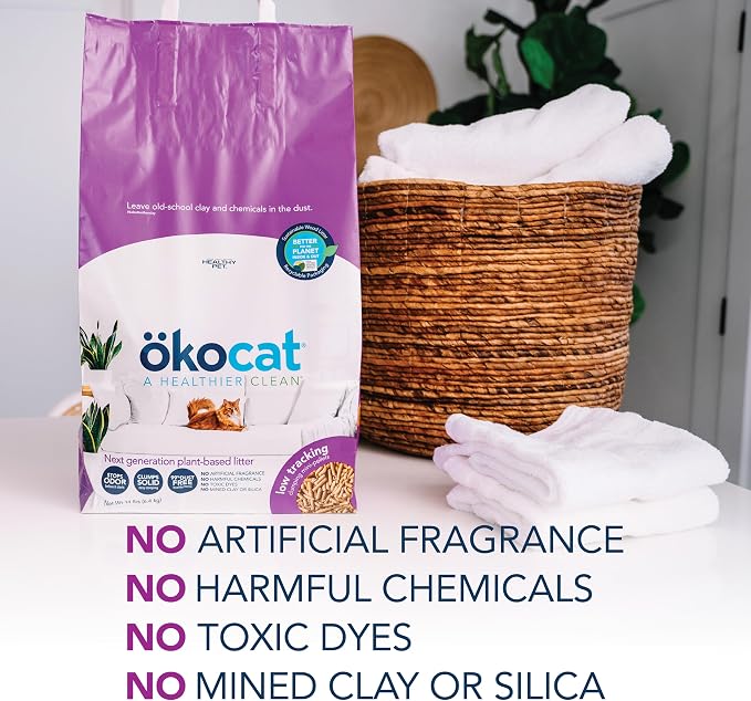 ökocat Less Mess Low Tracking Wood Clumping Cat Litter Mini- Pellets, Unscented, 14 pounds - Natural Ingredients, Stops Odor, Clumps Solid, 99% Dust Free, Great for Long-Hair Breeds