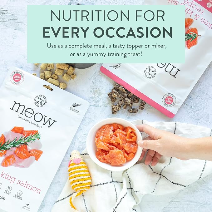 The New Zealand Natural Pet Food Co. Meow e - Chicken & King Salmon Recipe, Dry Cat Food Use as a Complete Diet, Topper, Mixer, or as Cat Training Treats, All Life Stages, 3.5 oz