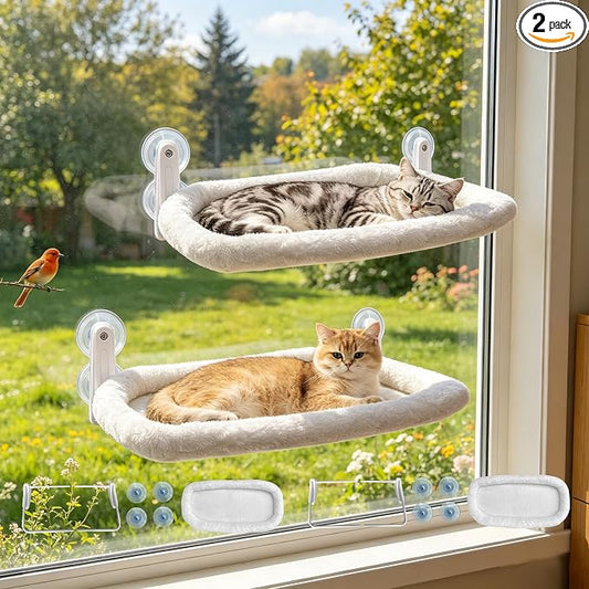 L&W BROS. 2PC Cat Window Perch Cushion Bed Cat Hammock with 4 Updated Suction Cups Easy to Assemble Window Bed for Heavy Large Cats (L White)