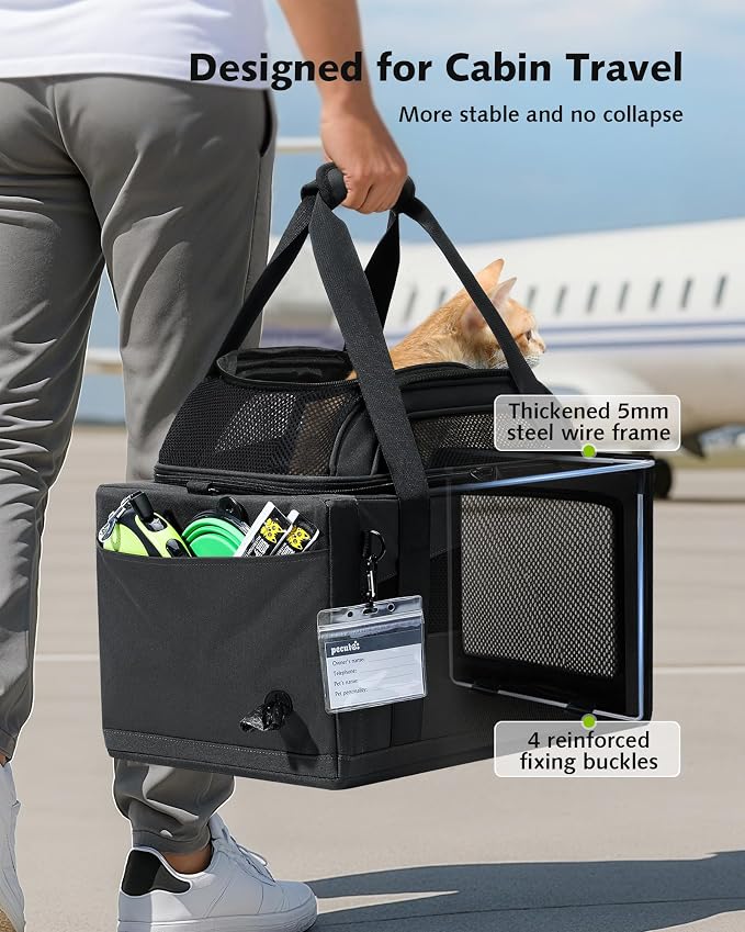 Pecute Top Side Expandable Pet Carrier Airline Approved Dog Cat Carrier, Breathable Soft-Sided with Locking Zippers, Pet Travel Bag for Small Dog Cat Leakproof Pee Pad ((Dark Gray)