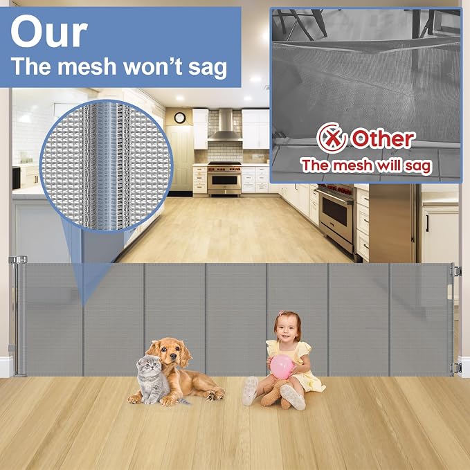 Reinforced bottom 90 Inch Extra Wide Baby Gate for Large Openings Retractable Baby Gates Extra Wide Upgraded Spring Retractable Dog Gate for Doorways Extra Wide Adjustable Bracket Retractable Pet Gate