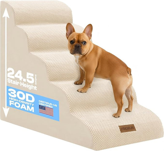 Dog Stairs for High Beds, Extra Tall 24.5" 5-Step Pet Steps for Medium & Small Dogs, Foam Ramp for Tall Couch & Bed, Washable Cover - Dog Steps for Bed