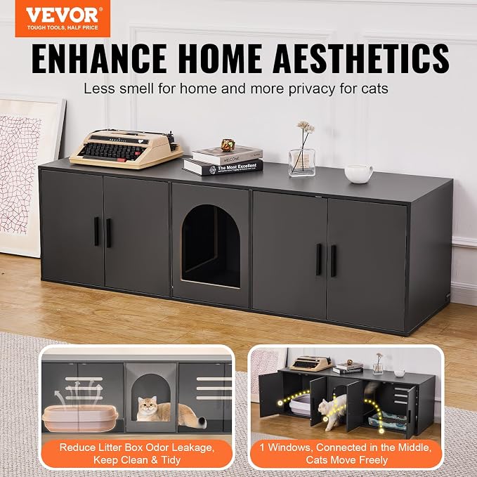 VEVOR Cat Litter Box Enclosure for 2 Cats, Litter Box Furniture Hidden with Double Rooms, Wooden Cat Box Cabinet Fit Most of Litter Box