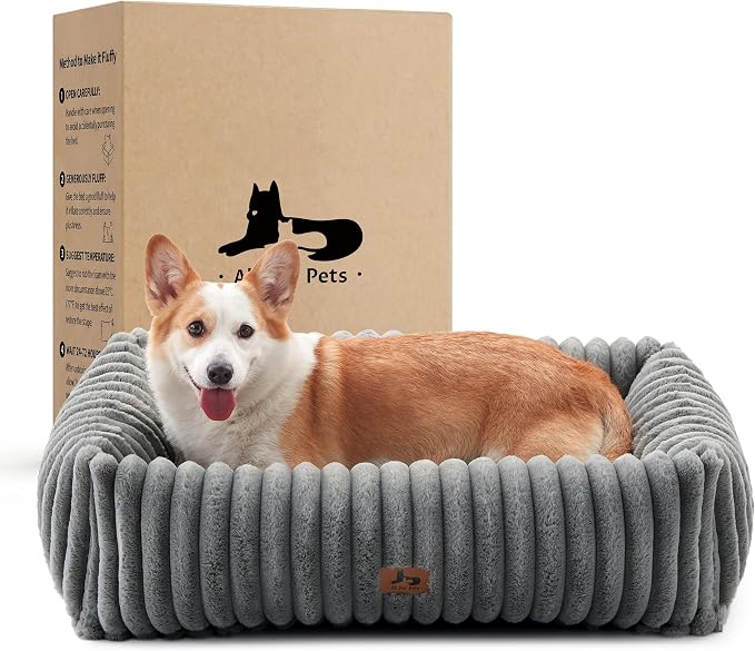 Dog Bed Medium Size Dog, Rectangle Orthopedic Pet Bed for Car and Indoor, Comfort Fluffy Memory Foam Dog Beds with Anti-Slip Bottom,Grey(30x24x8inchs)
