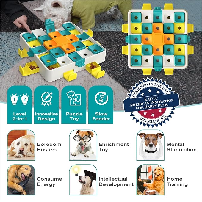 KADTC XL Size 2-Levels, 4 Ways, Dog Puzzle Toy, Mental Stimulation for Dogs | 4 puzzle actions and 2 levels deliver longer, advanced mental stimulation with drawers, slide lids, flip lids, and rotation.