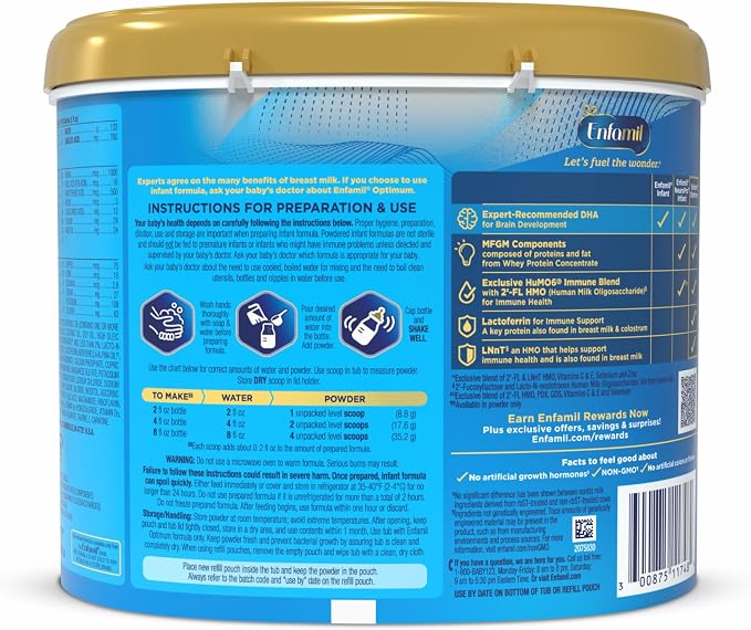 Enfamil Optimum (Enspire),Our Closest Formula to Breast Milk,Immune-Supporting Lactoferrin and Brain-Supporting DHA Baby Formula,Powder 20.5 Oz Tub,(Pack of 2)