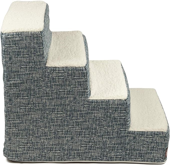 Majestic Pet 4 Step Portable Dog Stairs for Small Dogs to get on Bed Supports 250 lbs or Less–Dog Steps for High Bed with Machine Washable Cover–Pet Stairs for Cats Palette Heathered Navy Blue Denim