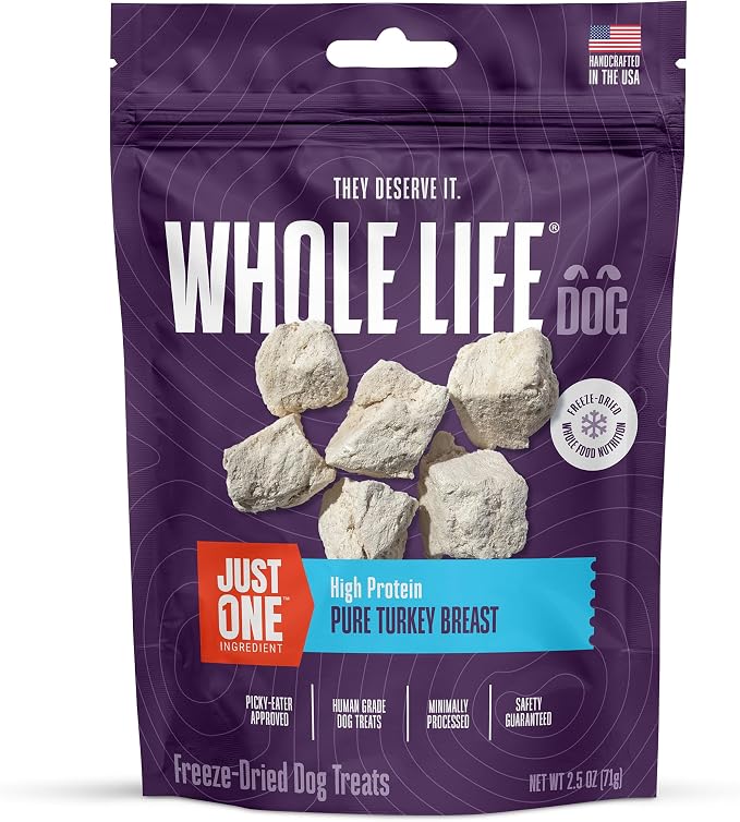Whole Life Dog Just One Turkey Freeze Dried Dog Treats - Human Grade High Protein Food, Healthy Training Snacks, Freeze Dried Food Toppers, USA Made Natural Treats - 2.5 oz (Value Pack of 1)