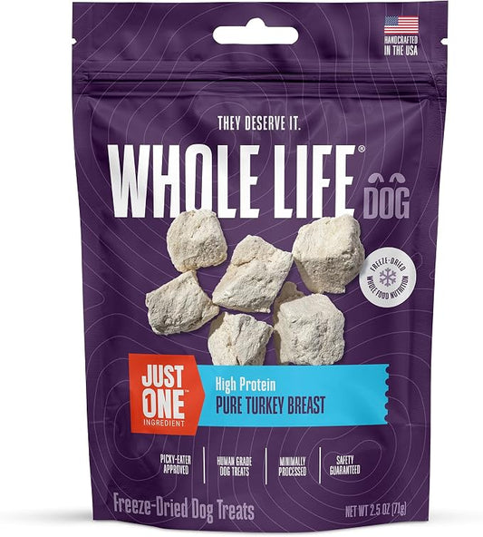 Whole Life Dog Just One Turkey Freeze Dried Dog Treats - Human Grade High Protein Food, Healthy Training Snacks, Freeze Dried Food Toppers, USA Made Natural Treats - 2.5 oz (Value Pack of 1)
