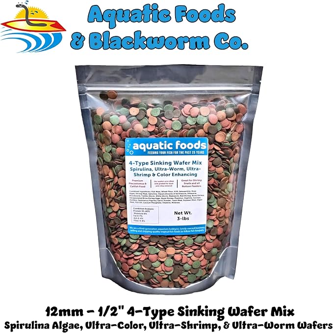 4-Type Mix of 12mm-1/2" Sinking Wafers: Spirulina-Algae & Color Enhancing for Shrimp, Snails, All Tropical Fish - 3-lb Bag