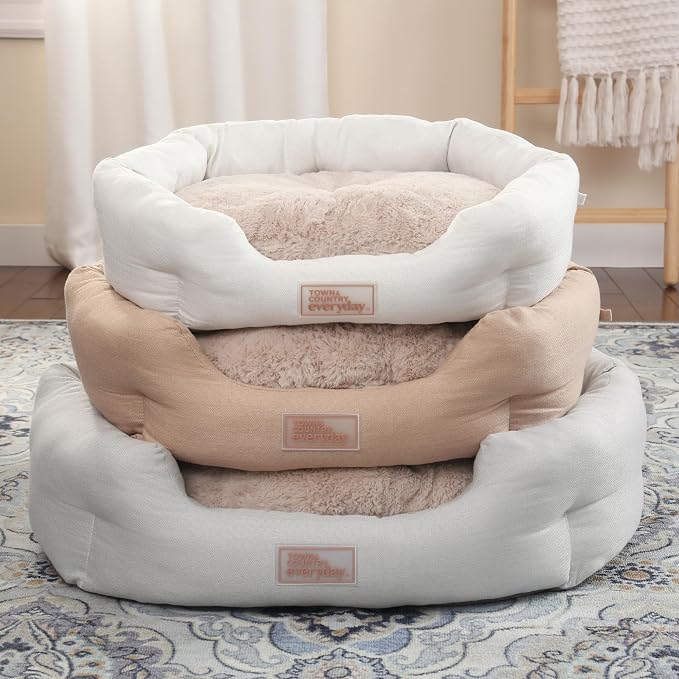 Town & Country Everyday CuddleTown Faux Linen Comfy Cozy Cuddler Pet Bed, Supportive & Calming, Non-Slip Bottom, Machine Washable Cover, Beige, Small 22"x20"x7"