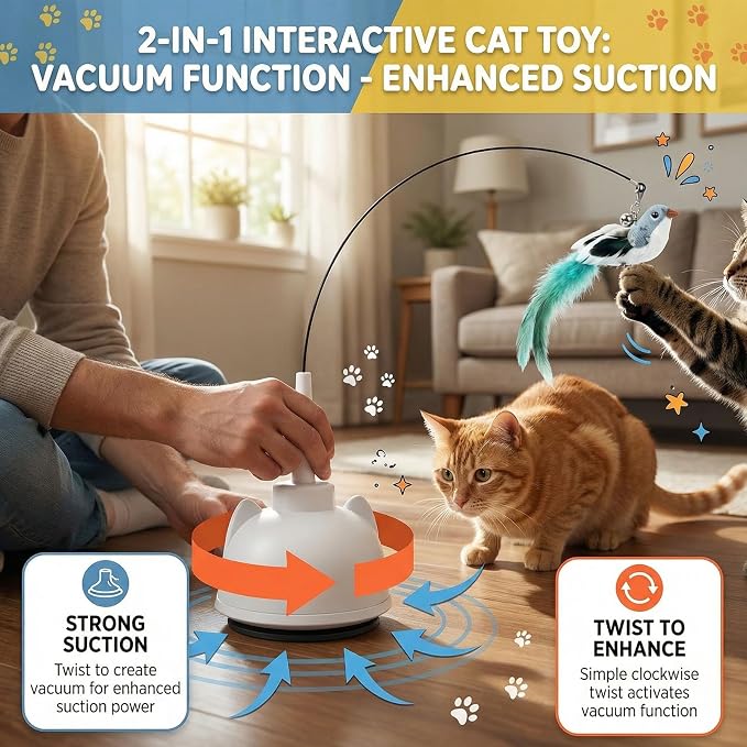 2 In 1 Electric Cat Wand Toy Interactive Cat Toys for Indoor Cats 360° Cat Toys for Bored Indoor Adult Cats, 2-Speed Fly Cat Chase Toy Automatic Cats Toys with Suction Cup Electric Cat Teaser Wand