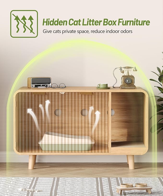 Fluted Cat Litter Box Enclosure with Solid Wood Legs, Hidden Cat Litter Cabinet, Modern Cat House Furniture, Reduce Litter Tracking, 31.5 x 19.7 x 22 Inches, for Living Room, Bedroom, Oak