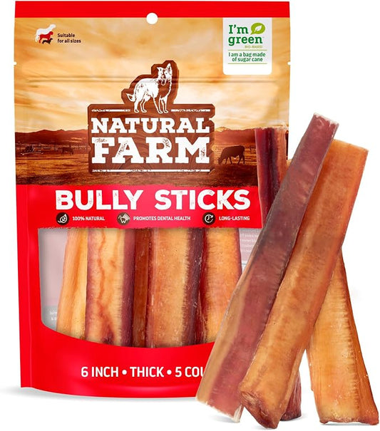 Natural Farm Odor-Free Thick Bully Sticks (6”, 5-Pack) All-Natural Long-Lasting Dog Chews, 100% Beef Pizzle, Grass-Fed, Grain-Free, Protein for Muscle Development & Energy, Perfect for Medium Chewers
