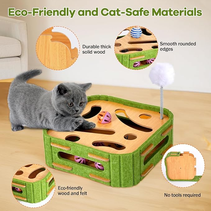 Cat Puzzle Box Toy for Indoor Cats Boredom Relief Interactive Wooden Cat Enrichment Maze with Jingle Balls, Feather Wands & Spiral Springs, Slow Feeder Treat Dispenser for Kittens & Adult Cats