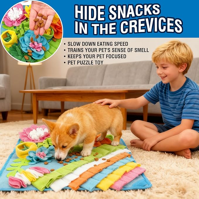 MYLIFESION Snuffle Mat 15.4''×15.4'' for Small & Medium Dogs, Slow Feeding Puzzle Sniff Mat for Cats Rabbits, Mentally Stimulating Scent Training, Portable Durable Pet Food Mat (Heavyweight Style)