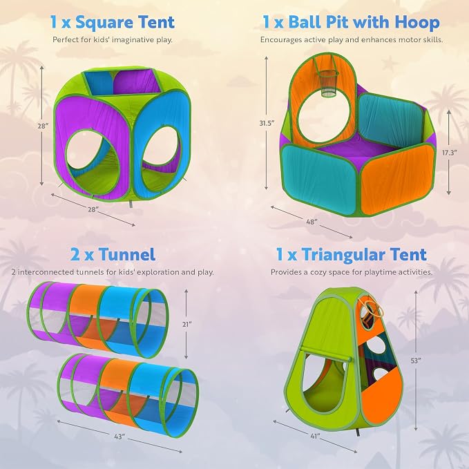 Playz 5-Piece Kids Pop up Play Tent Crawl Tunnel and Ball Pit with Basketball Hoop Playhouse for Boys, Girls, Babies, and Toddlers (Purple, Orange, Yellow, Red, Blue)