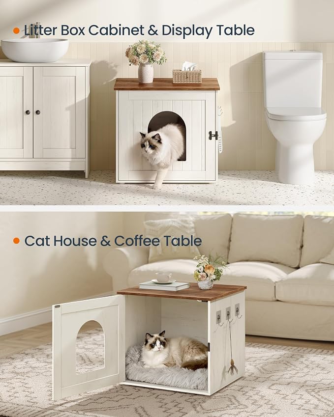 SONGMICS Home Cat Litter Box Enclosure, Snapsemble Superfast Assembly, Litter Box Cabinet, Double Latches, Hooks, Cat House, 21.7 x 19.7 x 19.7 Inches, Rustic White and Honey Brown PCL234WJ03S