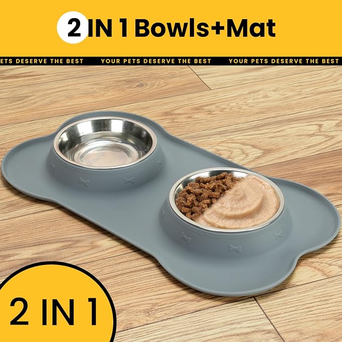 Conlun Dog Bowls with Non-Slip Silicone Mat, Spill Proof Large Food & Water Bowls Set, Easy Clean Dog Food Dish, Dishwasher Safe, Suitable for Dogs Cats Pet Under 90lbs, Large, Grey