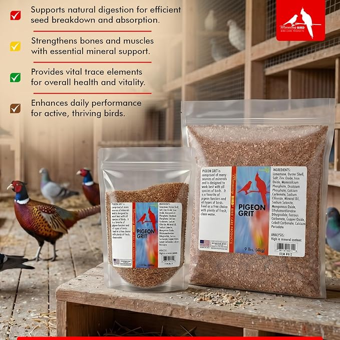 Morning Bird Pigeon Grit - Healthy & Nutritious Pigeon Food to Support Strong Muscles & Bones for Grit Eating Birds - Supports Digestion & Packed with Essential Minerals 9 lbs