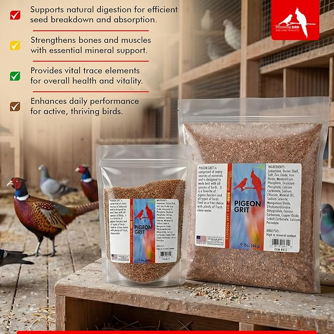Morning Bird Pigeon Grit - Healthy & Nutritious Pigeon Food to Support Strong Muscles & Bones for Grit Eating Birds - Supports Digestion & Packed with Essential Minerals, 1.5 lbs
