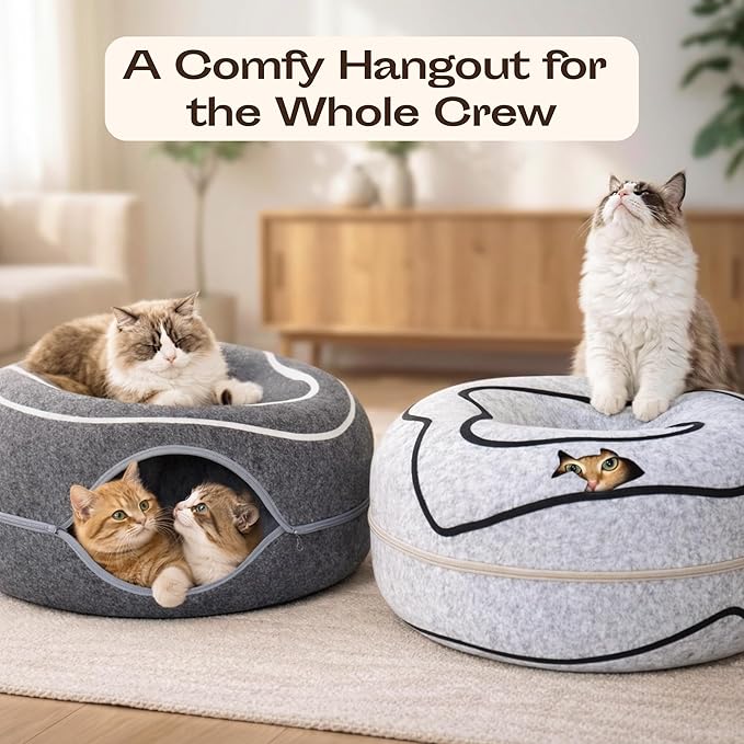 Peekaboo Cat Cave Donut - Cat Tunnel Bed for Indoor Cats – Cute Patterns Hideaway for Multiple & Large Cats, Scratch-Resistant (Light Gray)