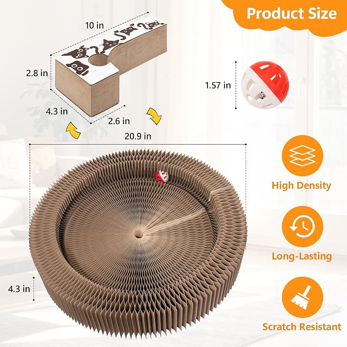Coppthinktu Cat Scratcher, Interactive Cat Toys for Indoor Cats, Foldable Accordion Cardboard Scratching Board with Bell Ball, Cat Toy for Kitten Play, Chase & Exercise