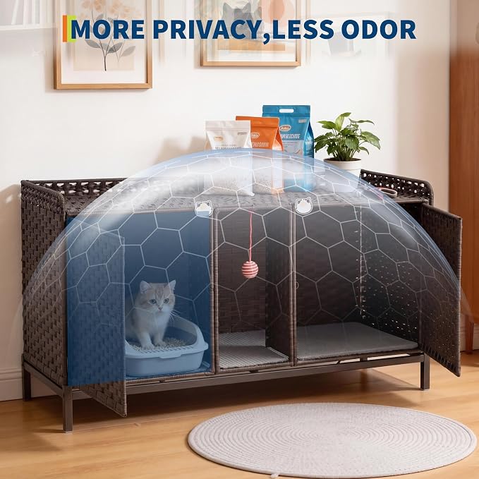 Rattan Litter Box Enclosure Double Cat Hidden Litterbox Furniture with Removable Litter Mat,Ball & 2 Hooks, Natural Cat House End Table, Easy Assembly, 47.2" l x 19.7" w x 23.6" h Brown