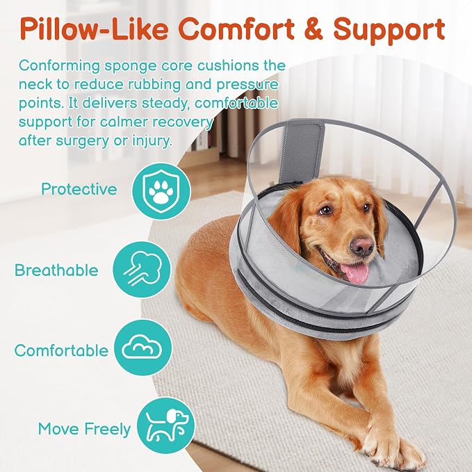 Sponge Dog Cone After Surgery, No Inflation Required Dog Donut Collar to Stop Licking, Inflatable Cone Alternatives for Medium Pets, Soft Recovery Collar with Protective Shield (Grey, M+)