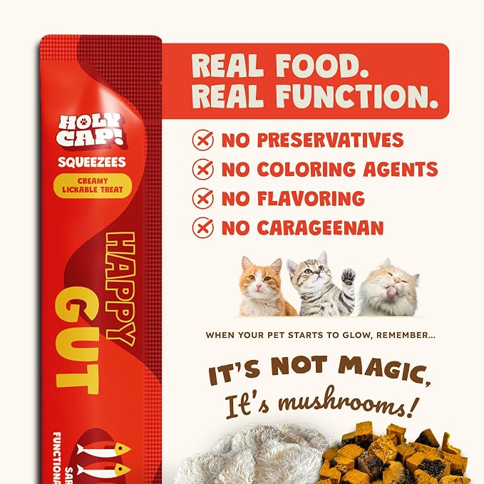 Happy Gut Grain-Free Lickable Cat Treats 15 Squeezable Purée Tubes (0.5 oz Each), Sardine & Pumpkin Flavor, Creamy Cat Purée with Clean Ingredients, Hand-Fed Treat or Meal Topper