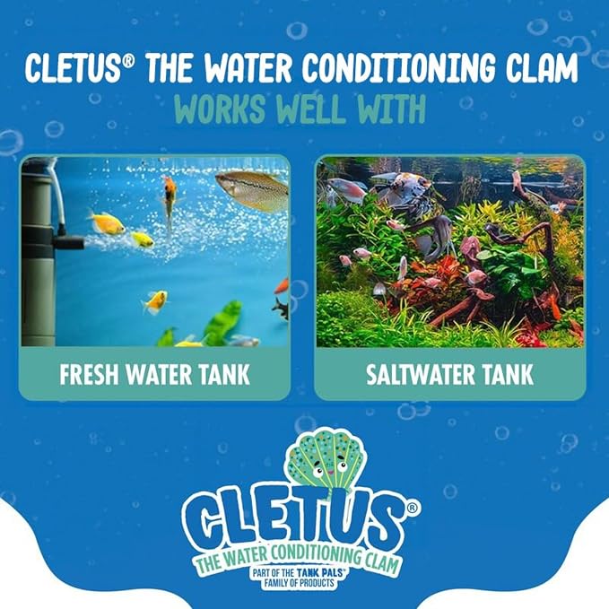 Cletus The Water Conditioning Clam - 2 Pack, Blue - Fish Tank & Aquarium Water Preparation, Chlorine Neutralizer & Heavy Metal Filtration