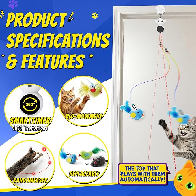 Interactive Cat Toys for Indoor Cats - 2 in 1 Automatic Laser Pointer Cat Toy with Feather Flying Bird，Smart Moving Mouse Wand Toy, Auto On/Off Hanging Toys for Bored Kitten & Adult Cats(Blue)