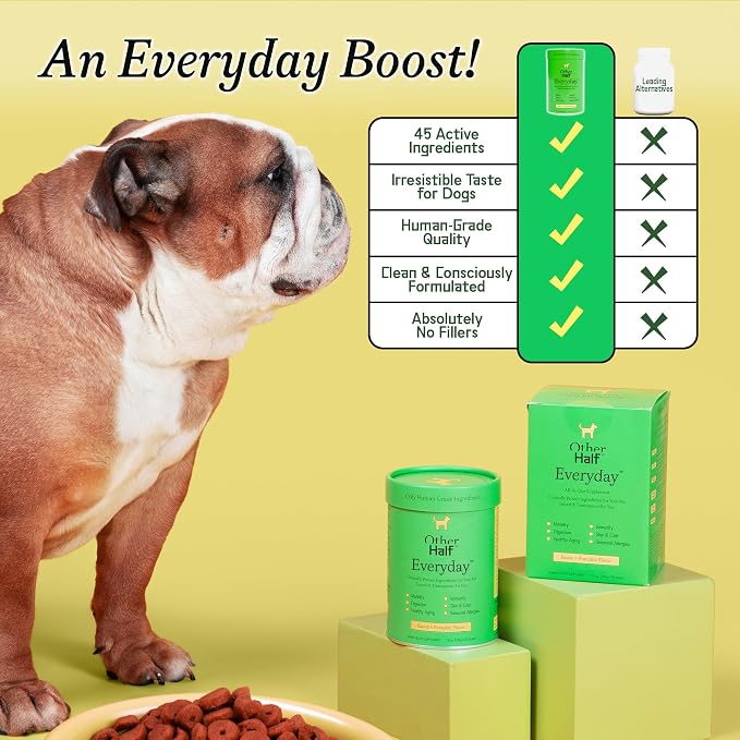 Other Half Everyday - Dog Multivitamin Supplement - Daily Joint, Gut, Allergy, Immune, Urinary Tract Support, Skin, Coat & More - Glucosamine, Chondroitin, Omega 3 & Probiotics | 45 Active Ingredients