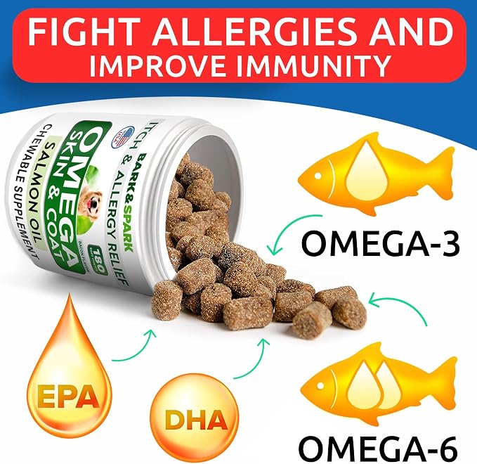 BARK&SPARK Omega 3 for Dogs - 360 Fish Oil Treats for Dog Shedding, Skin Allergy, Itch Relief, Hot Spots Treatment - Joint Health - Skin and Coat Supplement - EPA & DHA Fatty Acids - Salmon Oil -Bacon
