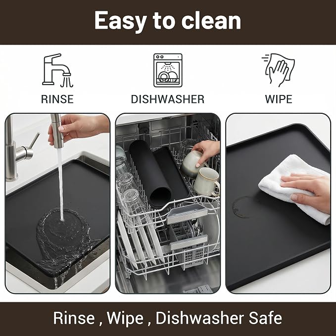 Silicone Coffee Mat for Countertop, 16x16 inch - Heat Resistant Espresso Machine Mat with Raised Edge, Non-Slip Waterproof Station Pad, Compact Coffee Bar & Kitchen Accessories - Black