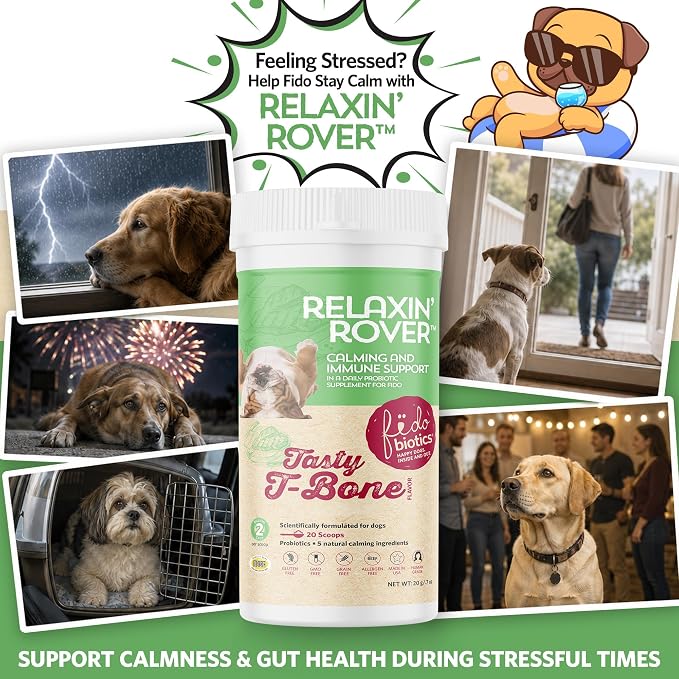 Fidobiotics Relaxin’ Rover Calming Supplement, Probiotics for Dogs with Valerian, Chamomile & GABA for Stress & Anxiety Relief, Tasty T-Bone Flavor 20 Servings